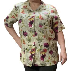 Jordan Woman Vintage Linen Floral Short Sleeve Button Down Shirt Size 18W